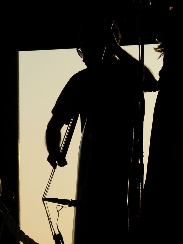 One of a 3-person jazz band...playing at a bar...on the Hudson River...in New York City...near sunset. Nice!