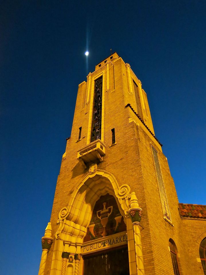 A moonlight cast over the abandoned Art Deco (I think) Market building  in Fort Worth….