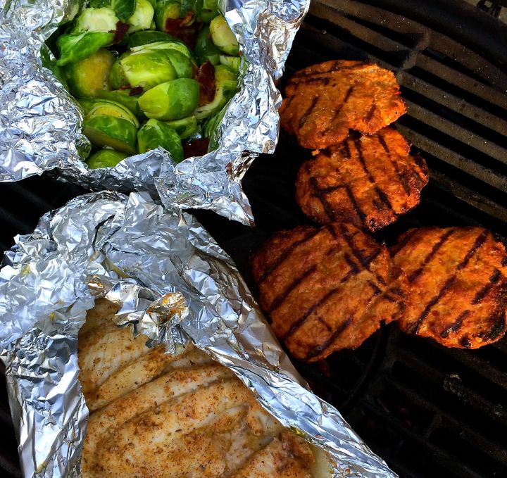 Grillin' Sunday! Brussels Sprouts with crumbled Bacon, Turkey Burgers, and "baked" Catfish