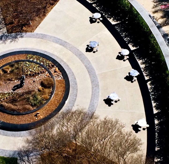 The metal tables and the sculpture (and this particular planting) in the center was not the original design - oh how the influence of property managers and maintenance contractors ideas can change the whole "landscape" of a project, usually in a way contrary to the original vision…something like wearing navy blue socks with black pants (turn the light on so you can see clearly your choices…)